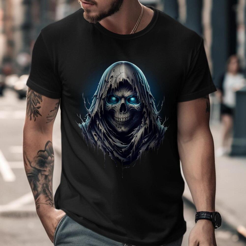 Grim Reaper T-Shirt Glowing Blue Eyes Skull - Gothic Horror Tee